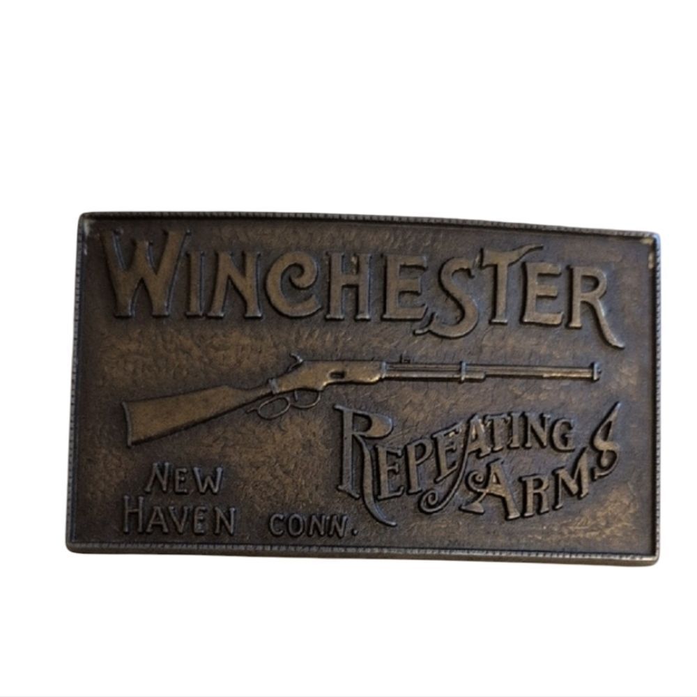 Vintage Solid Brass Belt Buckle Winchester Repeating Arms New Haven CT